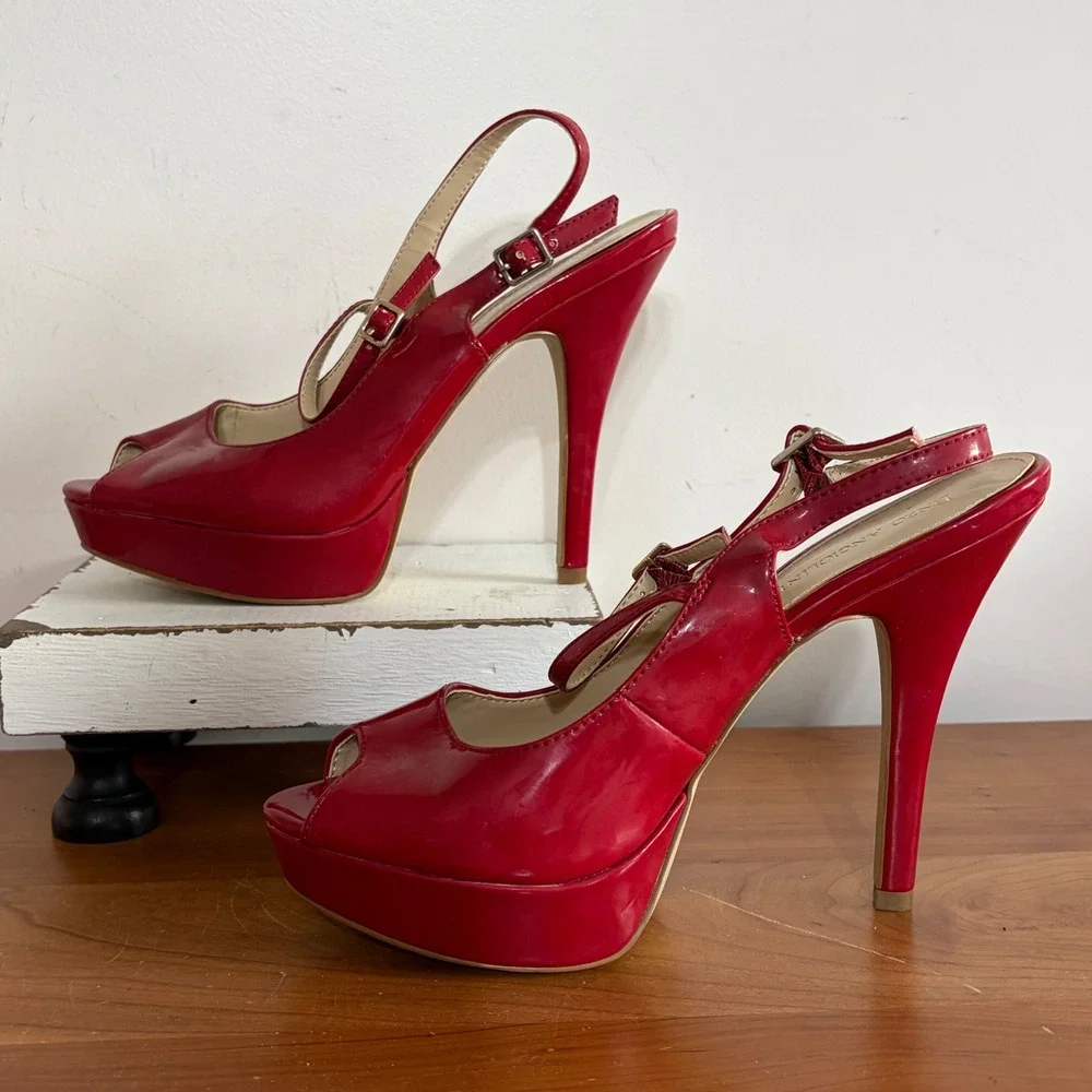 Enzo Angiolini Shaylin Red Patent Peep Toe Platform Slingback Heels 8.5M